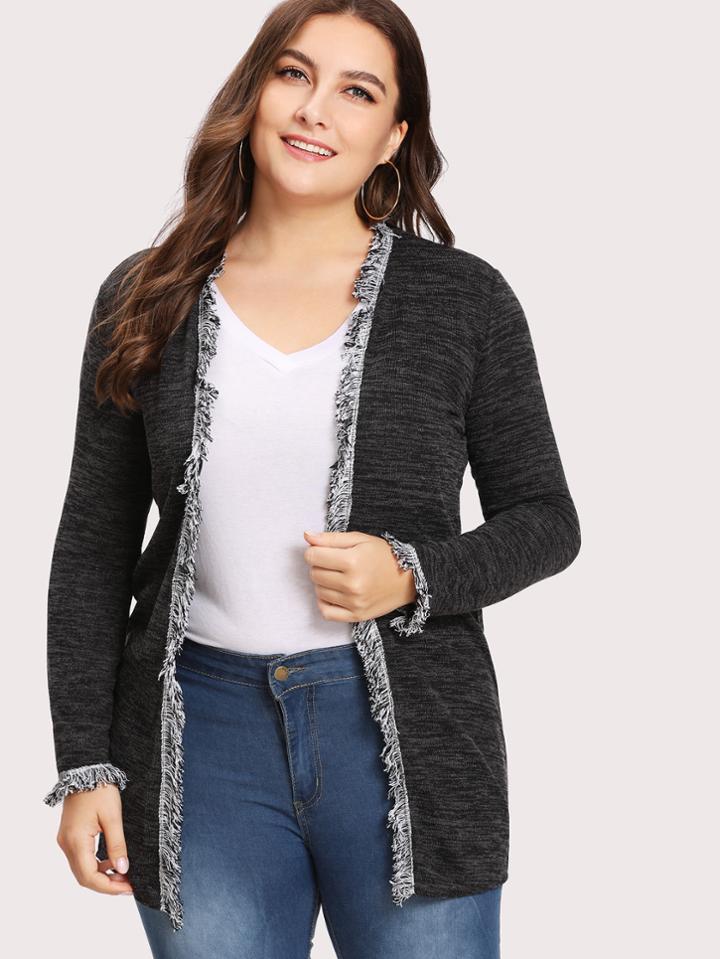 Romwe Fringe Trim Marled Knit Cardigan