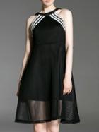 Romwe Black Halter Backless Embroidered Dress