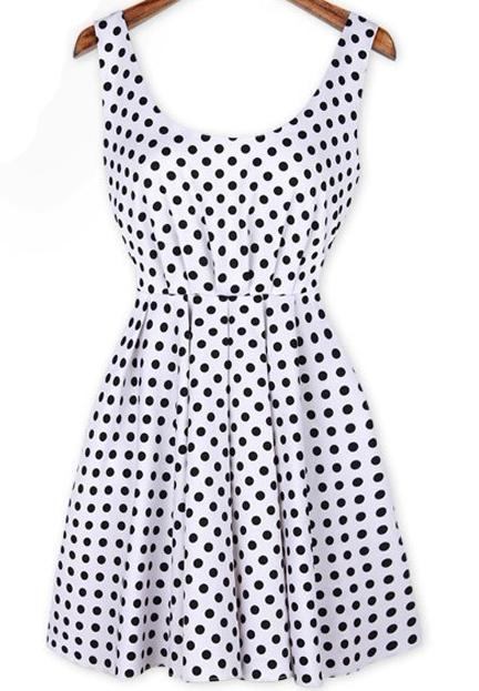 Romwe Scoop Neck Polka Dot Bow White Dress