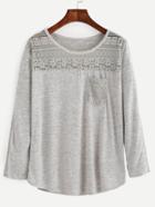 Romwe Grey Lace Insert Contrast Pocket T-shirt