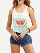 Romwe Watermelon Print Open Back Tank Top - White