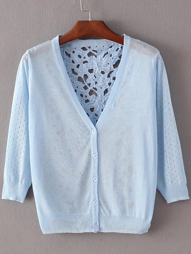Romwe Azure Hollow Lace Splicing Cardigan Knitwear