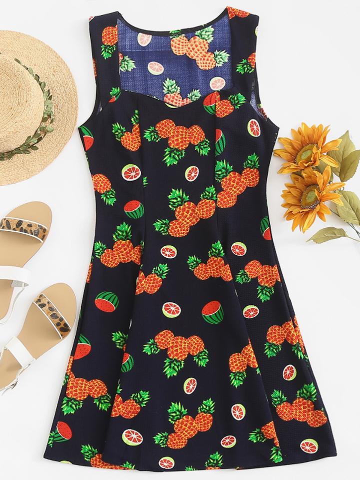 Romwe Fruit Print Pleated Dress