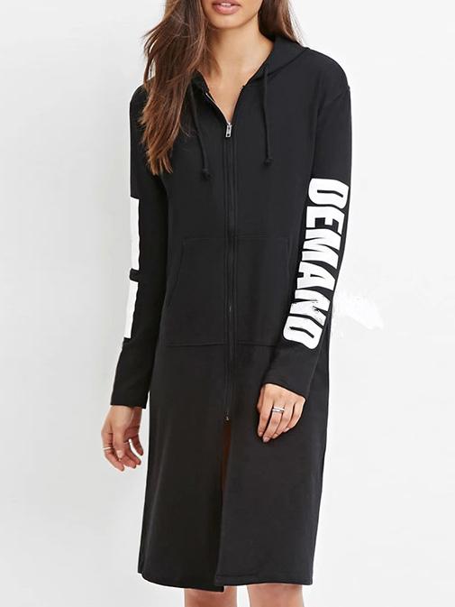 Romwe Hooded Drawstring Zipper Letter Print Sweatshirt Dress