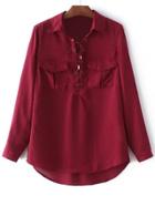 Romwe Burgundy Pockets Lace Up Front Long Sleeve Blouse