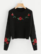 Romwe Rose Embroidered Cable Knit Sleeve Jumper