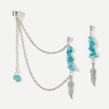 Romwe Stone & Feather Detail Drop Earrings With Ear Cuff
