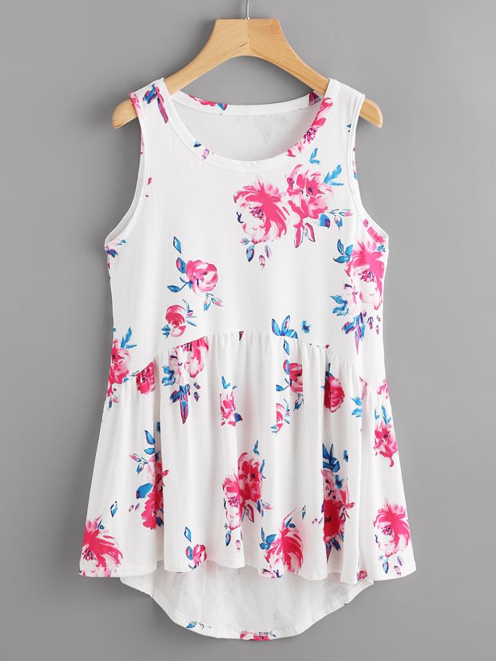 Romwe Random Florals Dip Hem Tank Top