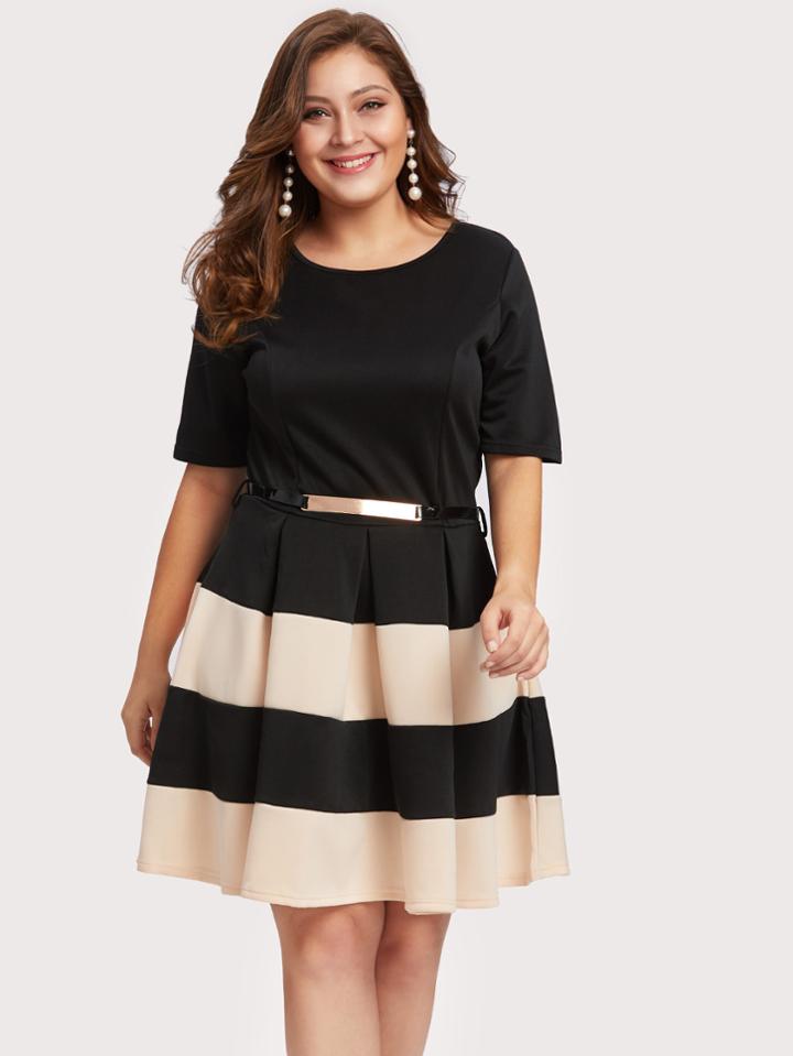 Romwe Contrast Wide Striped Tie Waist Pleated Dress