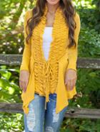 Romwe Yellow Long Sleeve Pleated Lace Up Cardigan Coats
