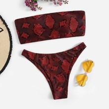 Romwe Snake Print Bandeau With High Cut Bikini Set