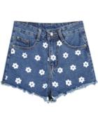 Romwe Floral Fringe Denim Shorts