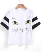 Romwe Cat Print Striped White T-shirt