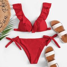 Romwe Ruffle Plunge Top With Tie Side Bikini Set