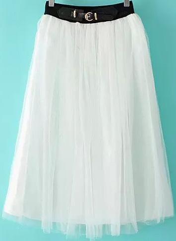 Romwe With Buckle Multilayers Mesh White Skirt