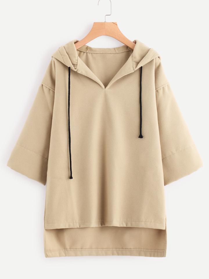Romwe Hooded Drawstring Dip Hem Woollen Blend Sweatshirt