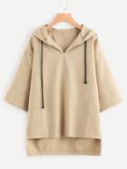 Romwe Hooded Drawstring Dip Hem Woollen Blend Sweatshirt