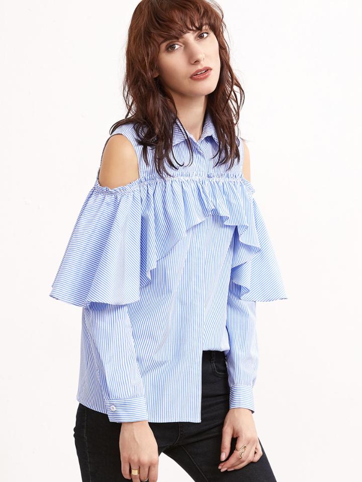 Romwe Blue And White Striped Open Shoulder Hidden Button Ruffle Blouse