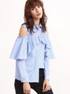 Romwe Blue And White Striped Open Shoulder Hidden Button Ruffle Blouse