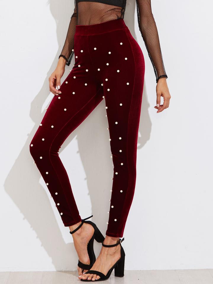 Romwe Pearl Detail Velvet Leggings