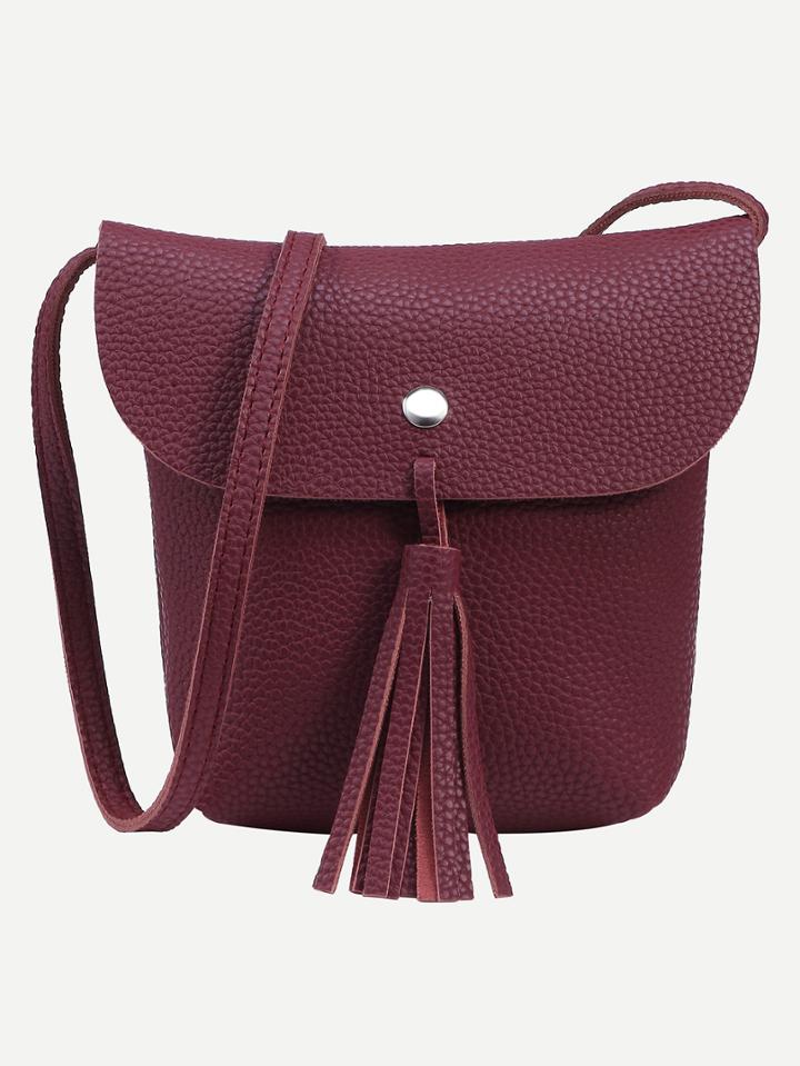 Romwe Burgundy Tassel Trim Flap Bucket Bag