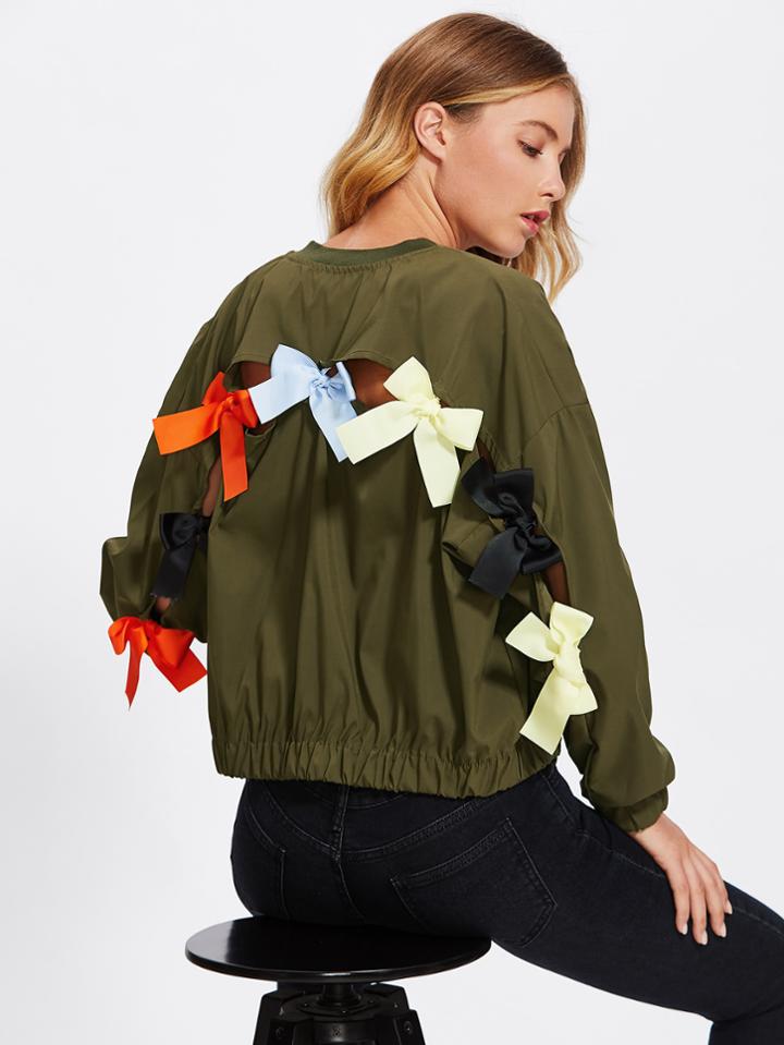 Romwe Dual Pocket Hollow Bow Back Jacket