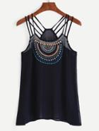 Romwe Navy Embroidered Strappy Cami Top
