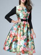 Romwe Multicolor Round Neck Long Sleeve Print Bow Dress