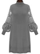 Romwe High Neck Lantern Sleeve Lace Dip Hem Grey Sweater Dress