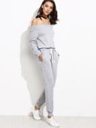 Romwe Grey Off The Shoulder Top With Drawstring Pants