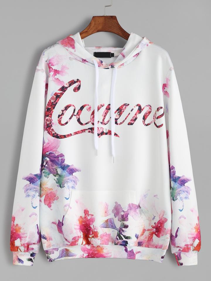 Romwe White Flower Letter Print Drawstring Hooded Sweatshirt