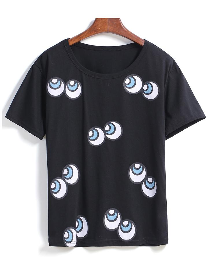 Romwe Round Neck Eyes Print Black T-shirt