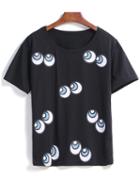 Romwe Round Neck Eyes Print Black T-shirt