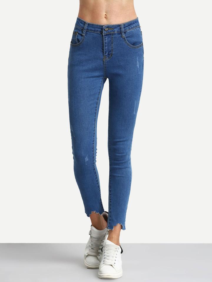 Romwe Blue Frayed Denim Slim Pant