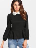 Romwe Peplum Top With Contrast Eyelet Embroidered Collar