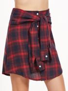 Romwe Tartan Plaid Tie Front Button Skirt