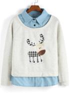 Romwe Contrast Collar Cow Embroidered Sweatshirt