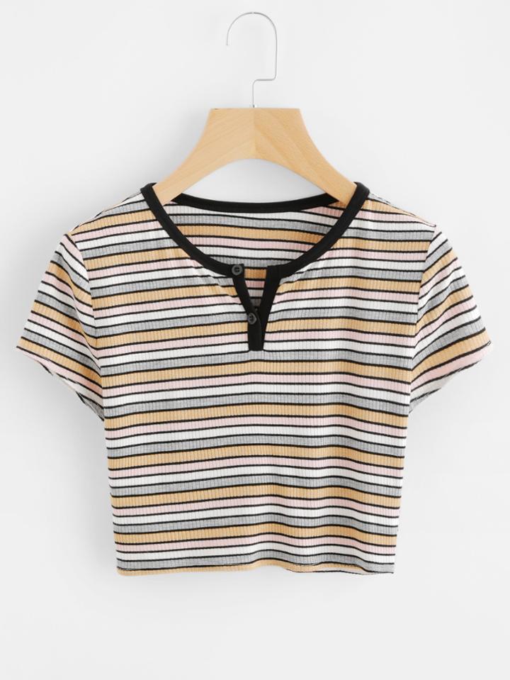 Romwe Contrast Neck Rib Knit Crop Striped Tee