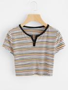 Romwe Contrast Neck Rib Knit Crop Striped Tee