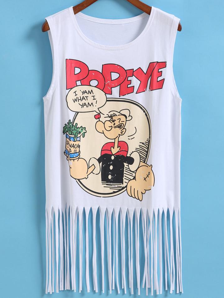 Romwe Popeye Print With Tassel White Tank Top