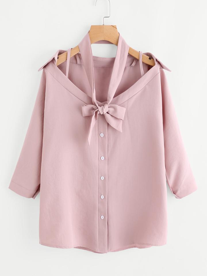 Romwe Cold Shoulder V Neckline Bow Tie Neck Blouse