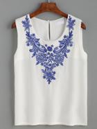 Romwe White Buttoned Keyhole Embroidered Top