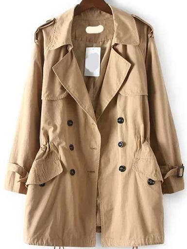 Romwe Lapel Drawstring Double Breasted Khaki Coat