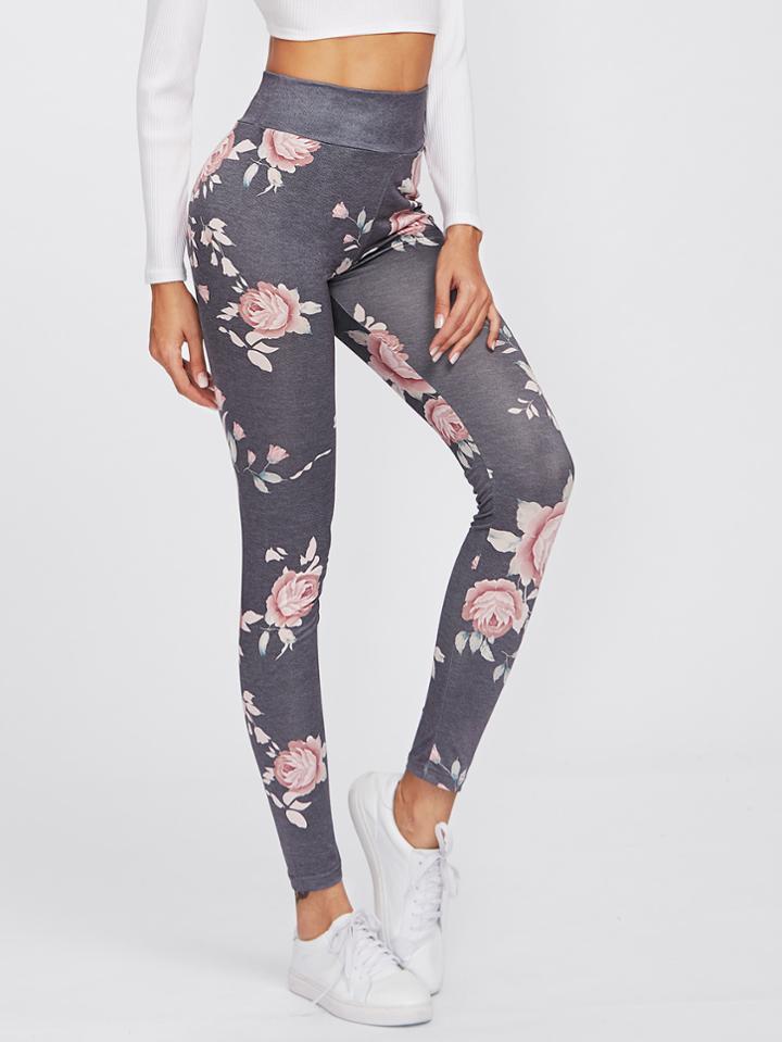 Romwe Flower Print High Waist Leggings