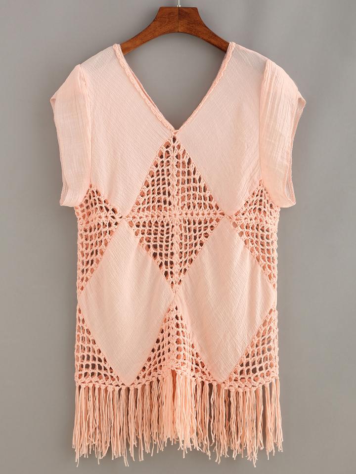 Romwe Fringe Crochet Insert Top - Pink