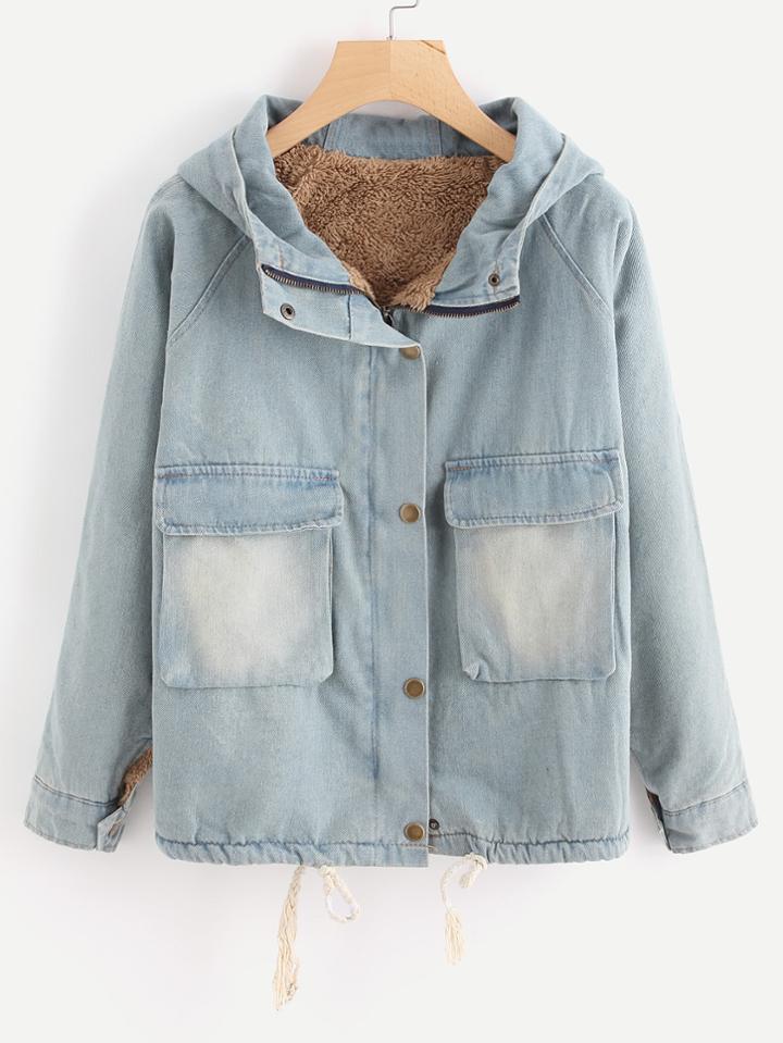 Romwe Dual Pocket Drawstring Hem Denim Jacket