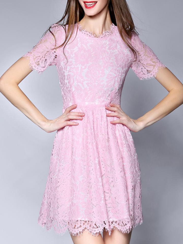 Romwe Pink Round Neck Short Sleeve Lace Dress