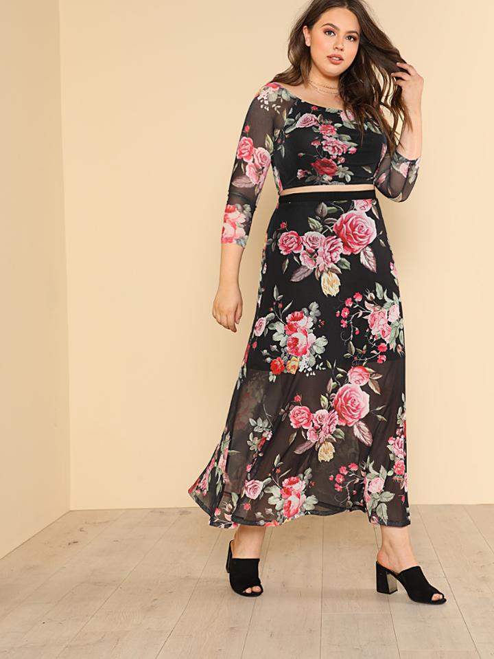 Romwe Floral Mesh Overlay Top & Skirt Set