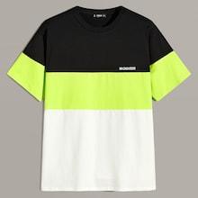 Romwe Guys Letter Print Neon Cut-and-sew Tee