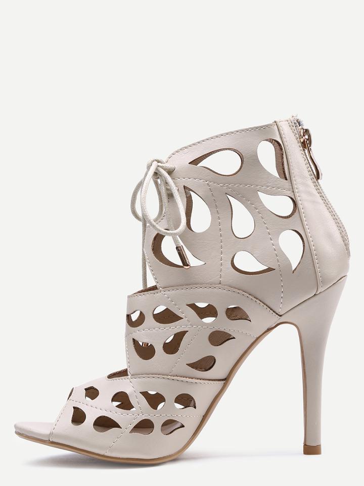 Romwe Laser Cut Peep Toe Lace-up Heeled Sandals - Apricot